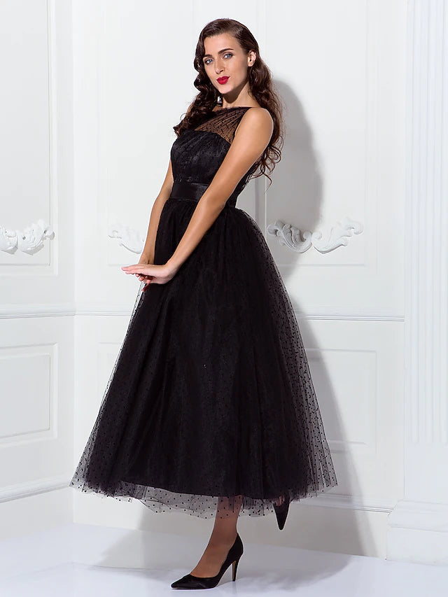 A-Linie Cocktailkleider Vintage Kleid Hochzeitsgast Knöchellang Ärmellos Ein Schulter Mittwoch Addams Family Tüll mit Falten Muster/Druck